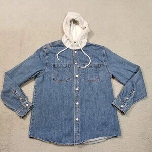 Forever 21 Jacket Mens Medium Blue Jean Denim Medium Wash Snap Button Hooded